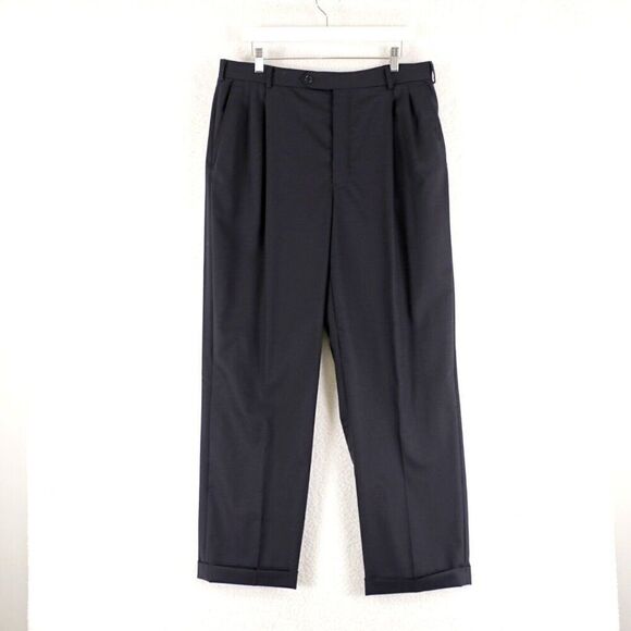 Brooks Brothers‎ 346 Stretch Blue Wool Pleated Cuffed Mid Rise Dress Pants 35/31 - Picture 1 of 7
